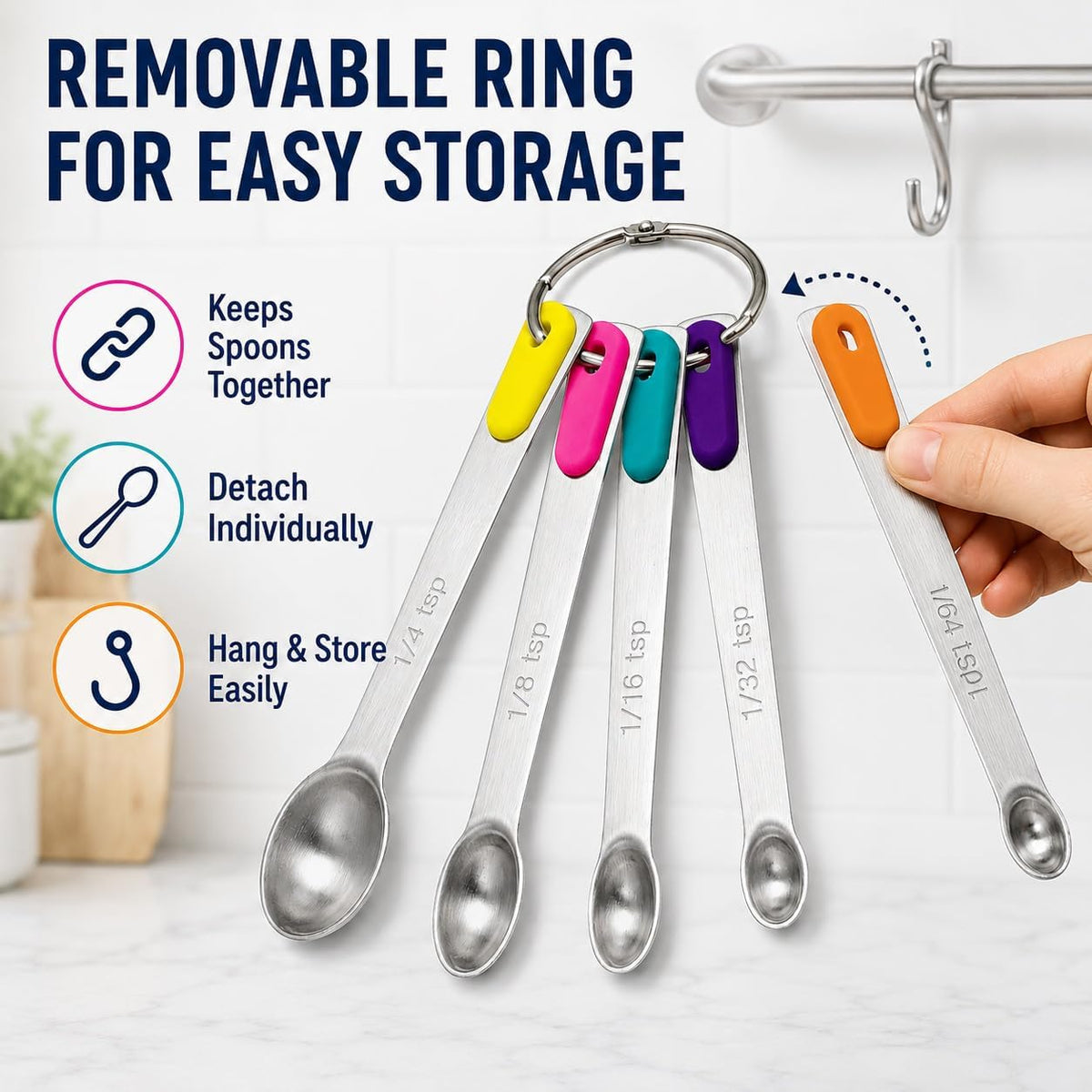 Stainless Steel Mini Measuring Spoons Set of 5 – Precise Teaspoon Measuring Tools 1/64, 1/32, 1/16, 1/8, 1/4 Tsp – Small Spice Measuring Spoons with Silicone Grip Handles & Storage Ring