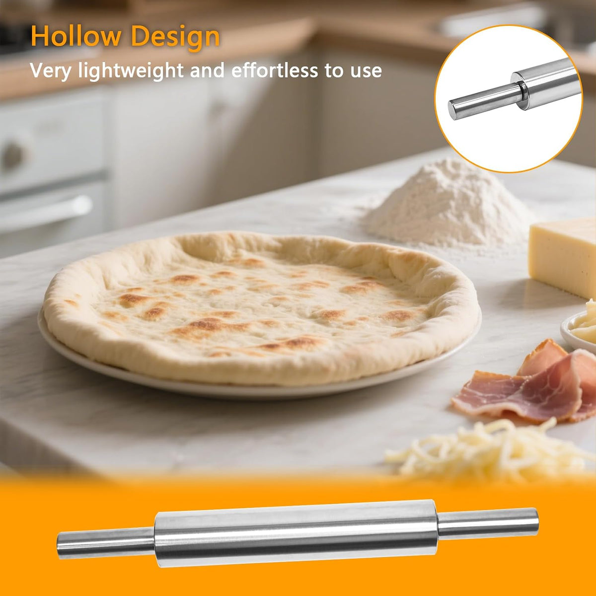 17-Inch 18/8 Stainless Steel Rolling Pin - Metal Dough Roller for Baking, Pizza, Chapati & Cookies - Non-Slip Handles, Dishwasher Safe
