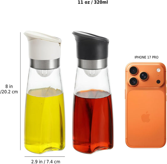 Premium Glass Olive Oil and Vinegar Dispenser Bottles Set, 2-Piece 11oz Kitchen Cooking Cruet with Auto-Open Lid, Non-Drip Pouring Spout, Oil Infuser Filter, Dishwasher Safe