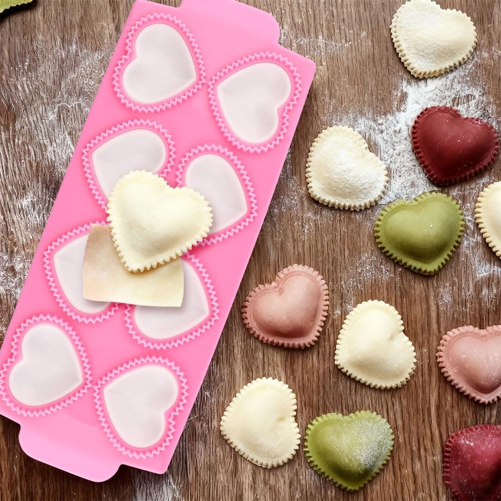 6 PCS Ravioli Maker Press, Heart Ravioli Maker Press, Stainless Steel Rolling Wheel, Wood Rolling Pin, Dumpling Maker, Dough Cutter, Filling Spoon, Easy to Use for Home Kitchen