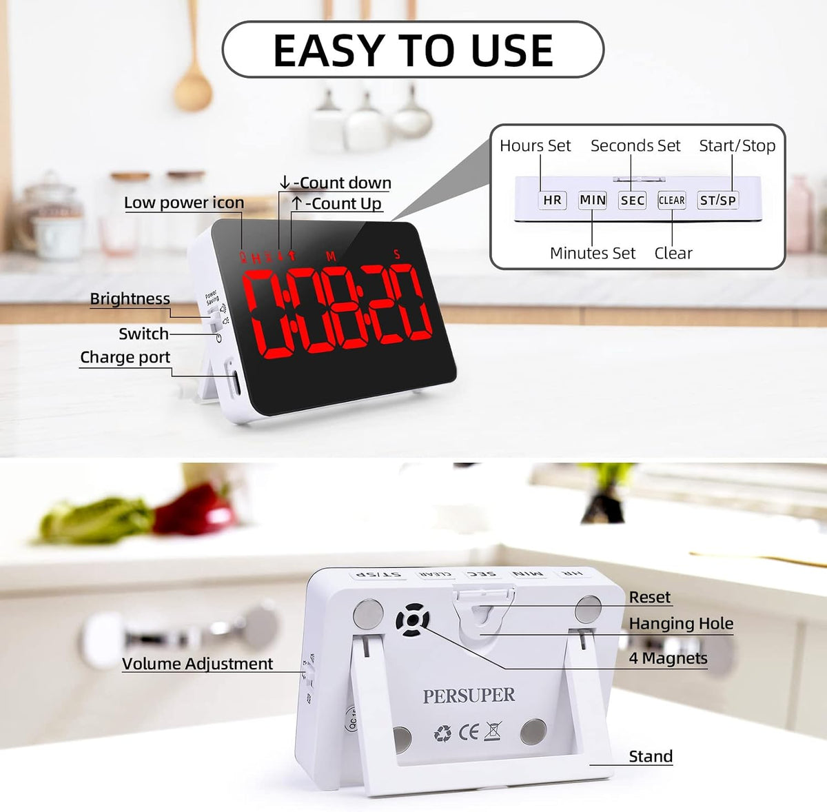 Kitchen Digital Timer, Count Down Up, Rechargeable, Vibration Mode