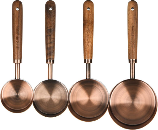 Copper Measuring Cups & Spoons Set 8, Stainless Steel Measuring Cups and Spoons Set for Baking and Kitchen, Metric & US Metal Measure Cup & Spoon with Wood Handle for Dry & Liquid