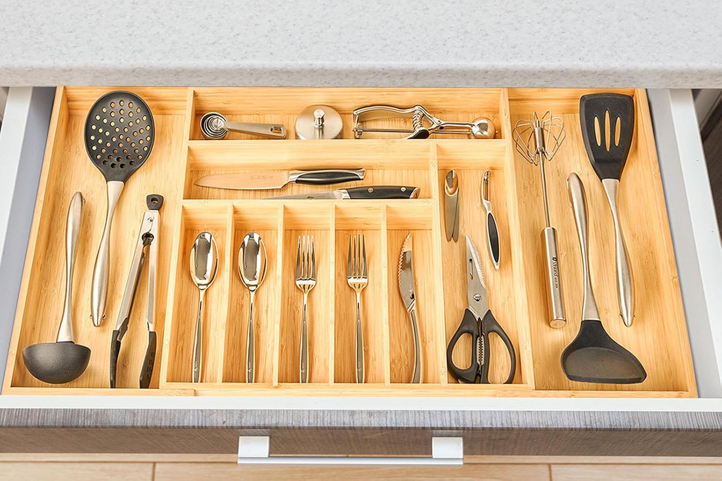Bamboo Kitchen Drawer Organizer, 13 Inch Silverware Utensil Tray Holder, Extra Deep Grooved Drawer Divider, 7 Slots Total Bamboo Wood Caddy for Flatware Cutlery Knives, Forks, Spoons