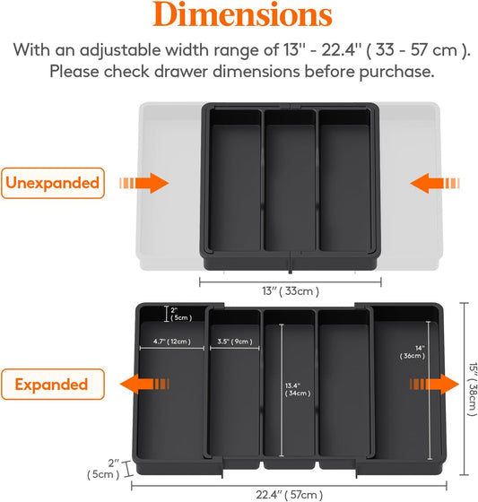 Utensil Organizer for Kitchen Drawers, Expandable Cooking Utensil Tray, Adjustable Cutlery Silverware Flatware Holder, Plastic Spatula Tools Storage Divider, 13-22 x 15", Black