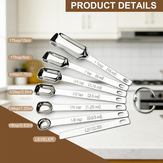 Stainless Steel Teaspoon Measuring Spoons Set of 7 with Leveler | Long Handle Rectangular Metal Teaspoon Tablespoon for Measuring Kitchen Spice, Dry & Liquid Ingredients