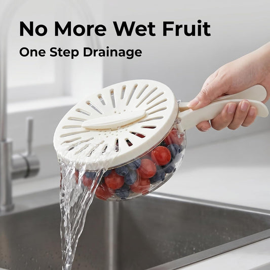 Multifunctional Fruit Washing Bowl with Strainer,2 in 1 Drain basket and Fruit Strainer Container with Lid,Fruit Washer Bowl for Kitchen,Fridge,Picnic & Camping(1QT)