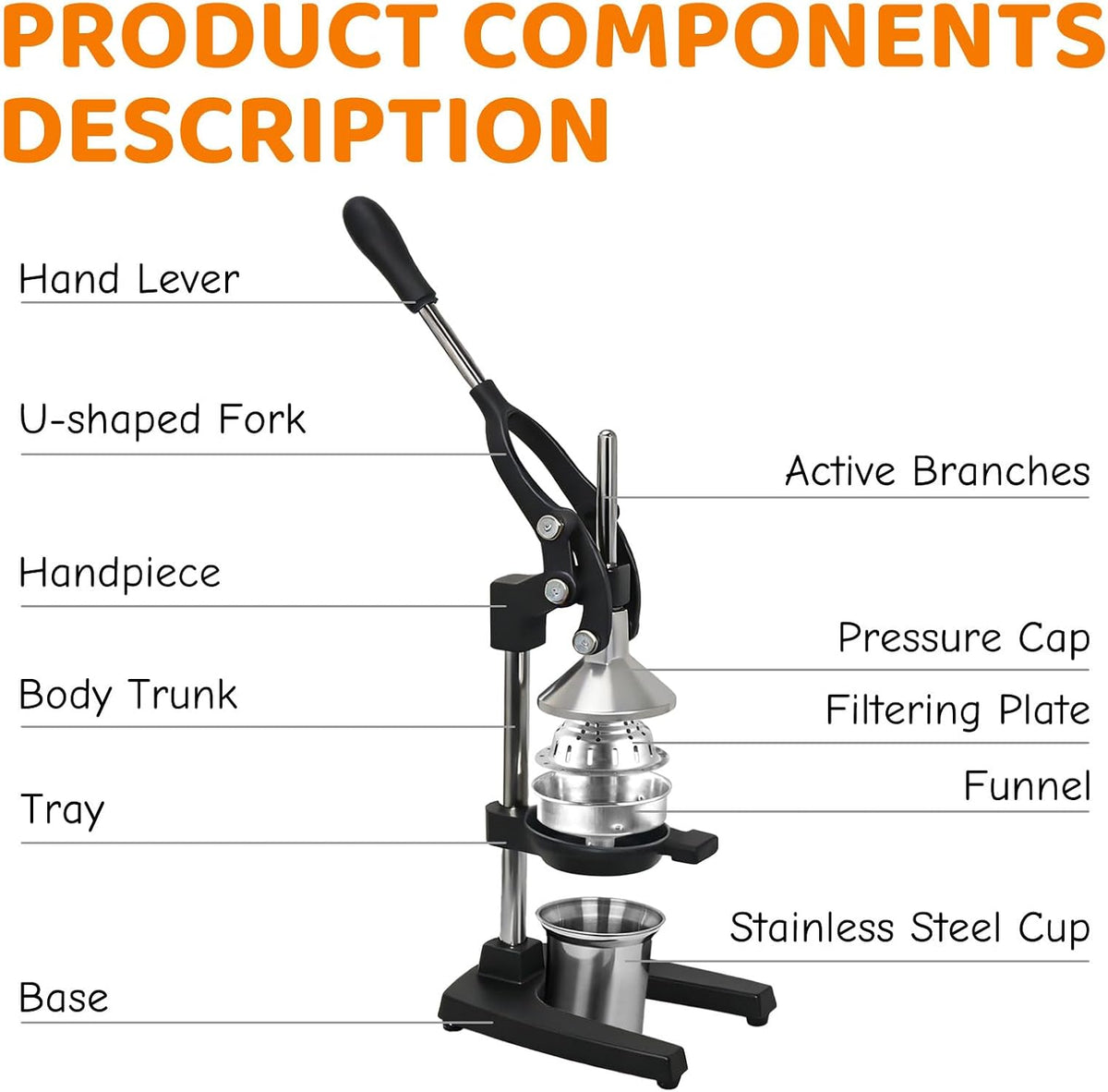 Cast Iron Juicer Heavy Duty Manual Juicer Easy to Clean, Oranges, Lemons, Pomegranates Cast Iron Juicer Manual Hand Press Citrus Squeezer with Stainless Steel Cup Black