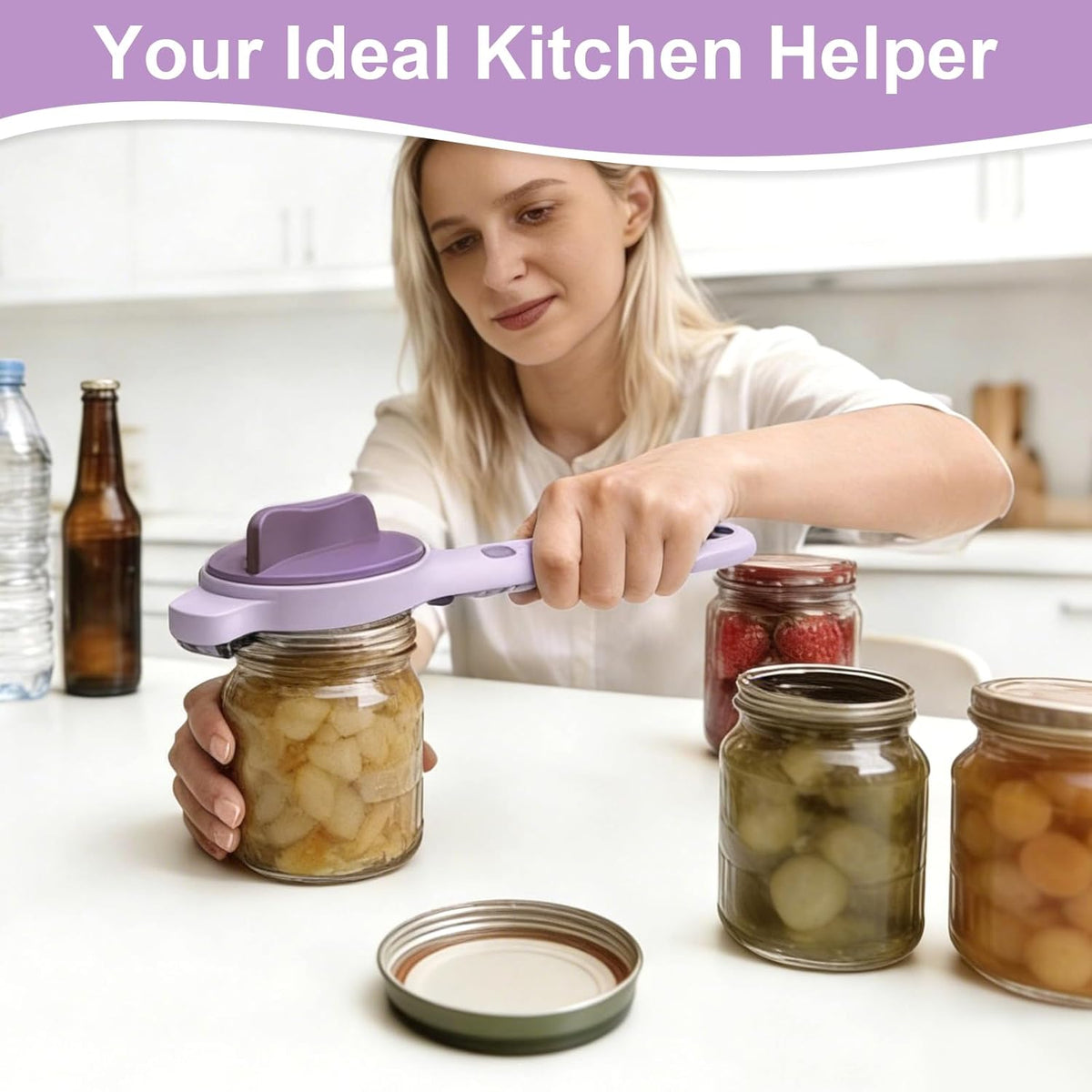 Multi-Functional 4-in-1 Jar Opener, Adjustable Stainless Steel Bottle Opener for Multi Size Jar Bottles with Ergonomic Non-Slip Handle Grip, Kitchen Helper for Seniors Weak Hands Arthritis