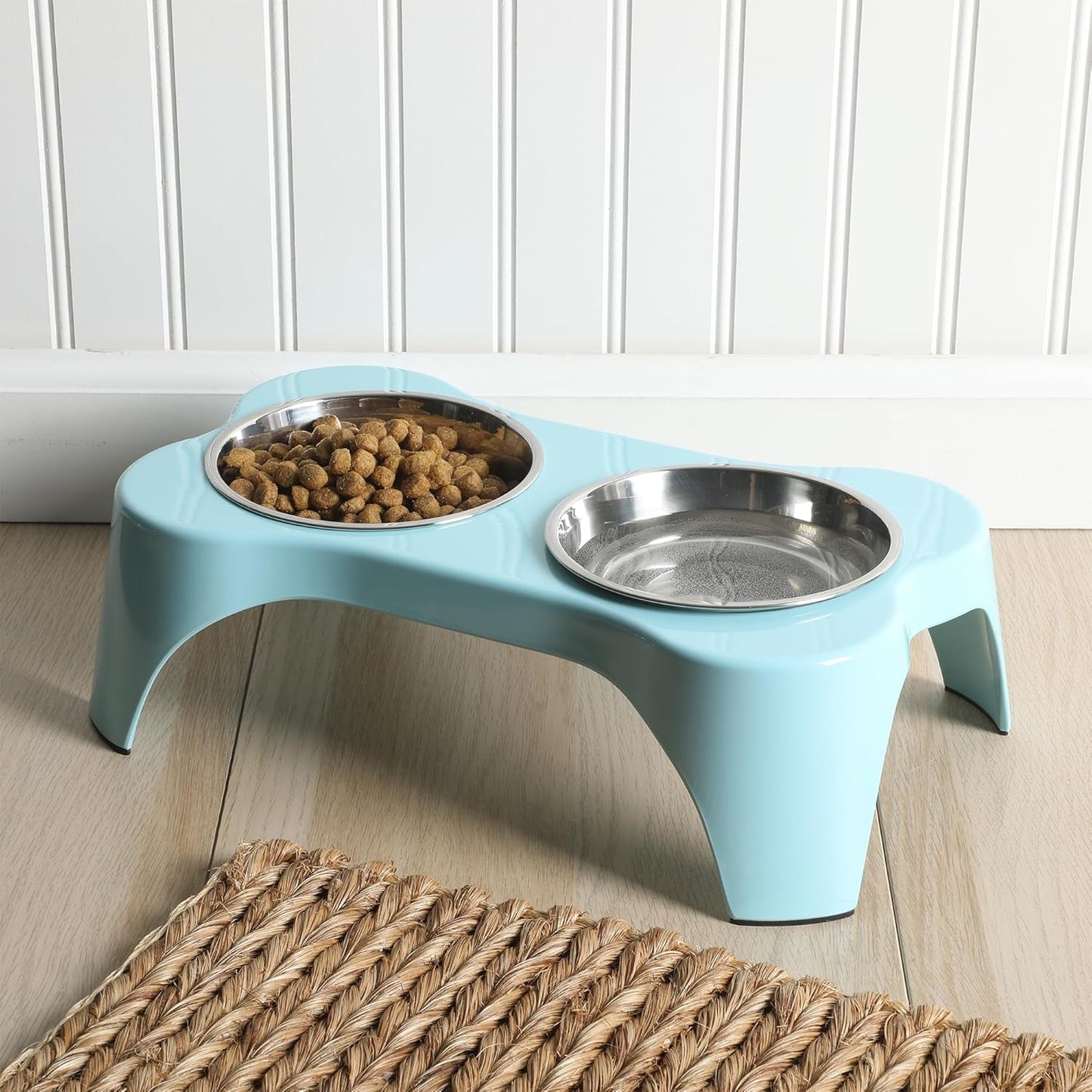 Gibson Home Bow Wow Meow 3-Piece Elevated Dog Bowl Set – Bone-Shaped Raised Feeder with 2 Stainless Steel Bowls for Medium to Large Dogs, Non-Slip, Easy to Clean, Black