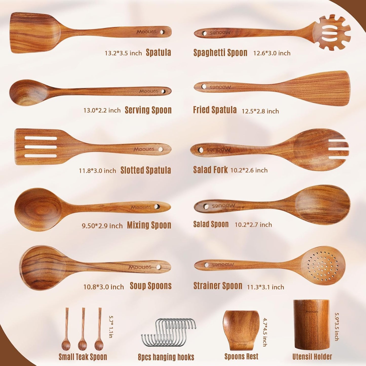 Wooden Ladle for Soup, 3 Size Teak Wood Ladle Spoon with Back Hooks, Heat Resistant Wooden Spoons for Cooking, Non-Stick, Comfortable Grip, Wood Kitchen Utensils Set for Serving, Stirring