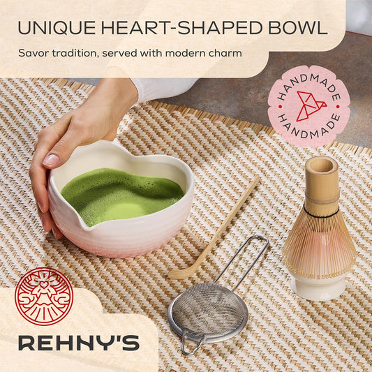Matcha Whisk Set | Complete Pink Matcha Set w/Heart-Shaped Bowl, Bamboo Whisk, Holder, Stainless Steel Sifter, Bamboo Scoop | Cute Gift Present Macha Kit Handmade Bowl | Macha Powder Tea Kit