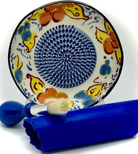 Premium Ceramic Garlic Grater Plate Set - Artisan Flower | Includes 5" Plate, Peeler, Brush, and Stand - For Strawberries, Ginger, Chocolate, Cheese, and more - Make your own puree!