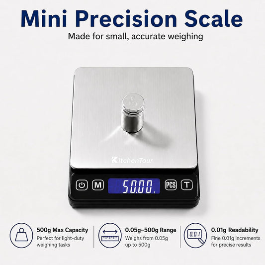 KitchenTour Mini Gram Scale for Coffee, Jewelry and Small Items, 500g x 0.01g Digital Pocket Scale with Tare, 6 Units, Back-Lit LCD, 2 Trays, Black
