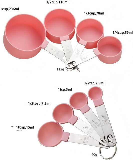 8 Pcs Measuring Cups and Spoons Set, Includes 4 Stainless Steel Nesting Measuring Cups & 4 Mini Measuring Spoons,Stackable Handle Accurate Tablespoon for Measuring Dry and Liquid Ingredients(Pink)
