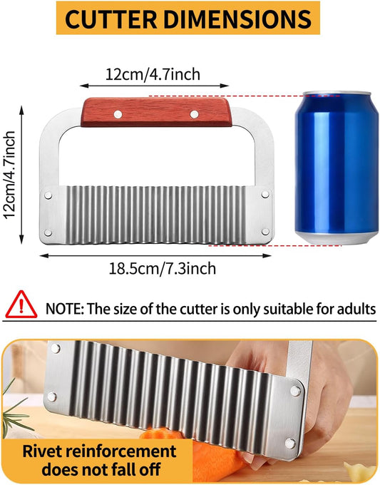2 Pcs Crinkle Cutter Potato Slicer Wavy Chopping Tool French Fry Veggies | Heavy Duty Wooden Handle Sharp and Deep Waves Crinkle Cutting Set for Carrot Zucchini Pickled Cucumber Dishwasher Safety