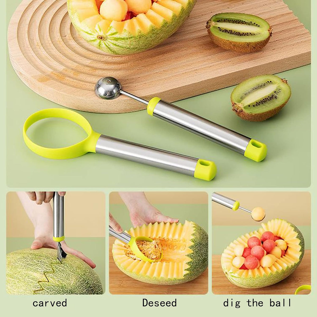 Cantaloupe cutter,watermelon baller,Set 3-in-1 Set for Home, Use for Hami melon、Fruit Cutting and Fruit Sacking Supplies Watermelon Digging Ball shaped triangular V-shaped watermelon tool
