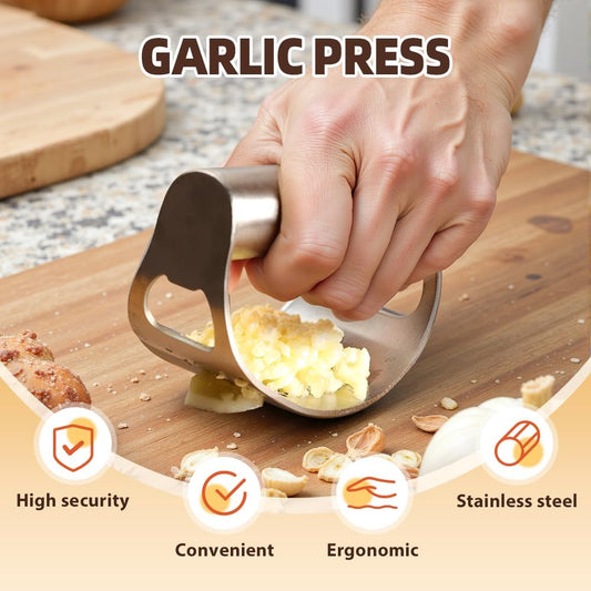 Stainless Steel Garlic Press, 2025 Upgraded Garlic Press Stainless Steel, Garlic Press Rocker, Portable Manual Garlic Crusher, Stainless Steel Garlic Mincer tool with Peeler and Brush (1)