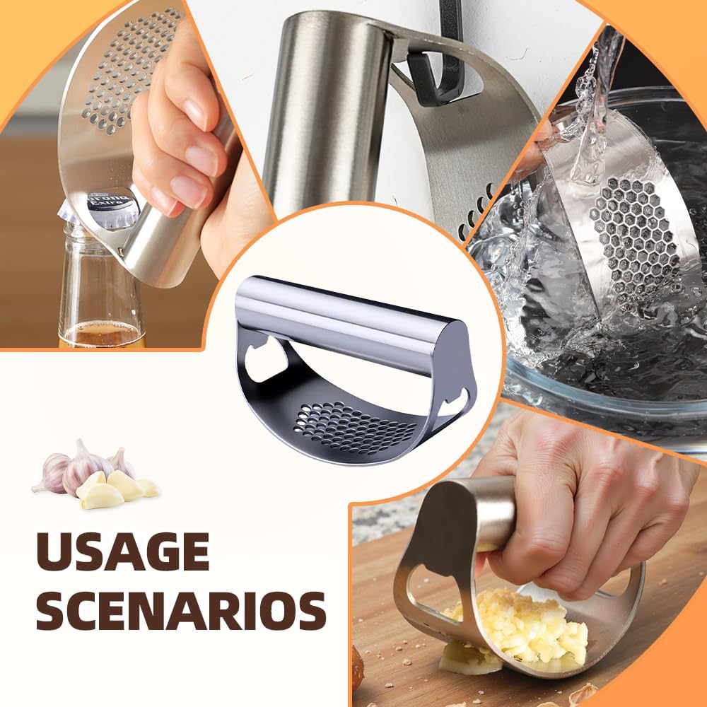 Stainless Steel Garlic Press, 2025 Upgraded Garlic Press Stainless Steel, Garlic Press Rocker, Portable Manual Garlic Crusher, Stainless Steel Garlic Mincer tool with Peeler and Brush (1)