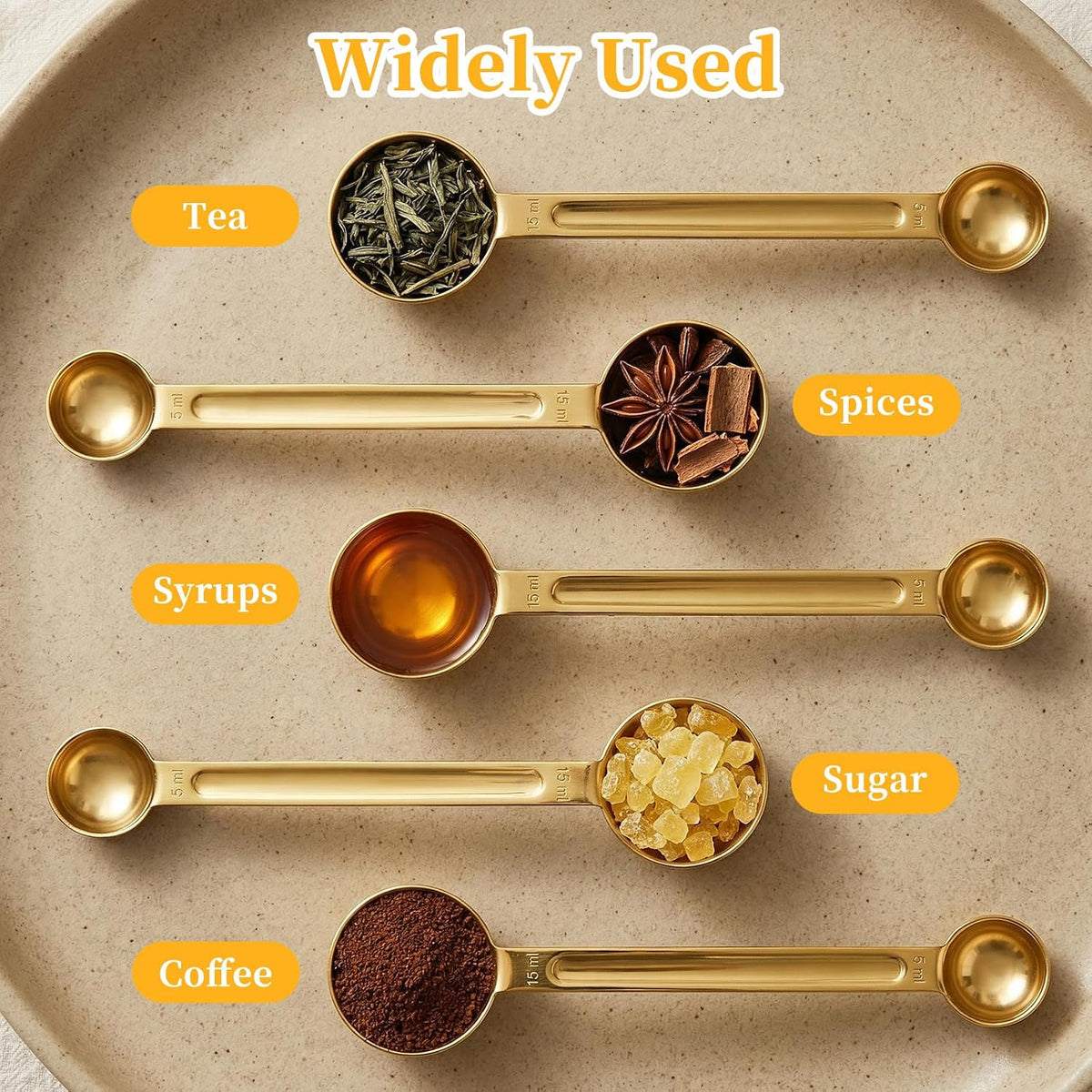 Stainless Steel Double Sided Measuring Spoon, Gold Teaspoon Scoop 8.64 Inch