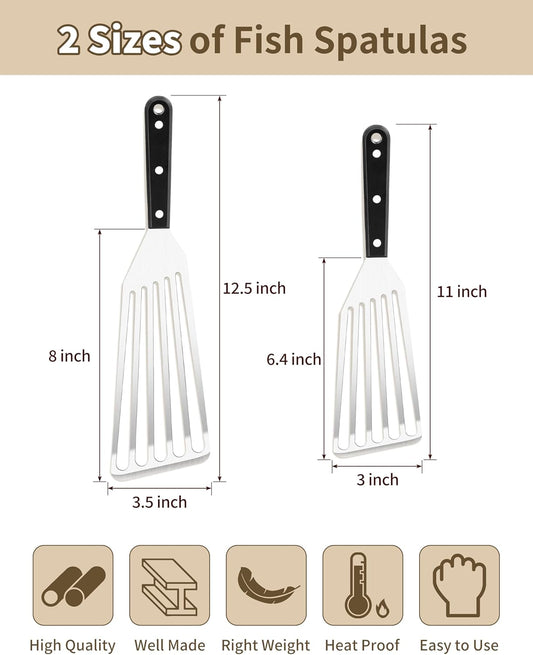 2 Pack Stainless Steel Fish Spatula, Metal Slotted Turner Set, Griddle Grill Spatula for Kitchen Cooking, Flipping, Turning, Frying $ Grilling, Full Tang ABS Handle, DIshwasher Safe