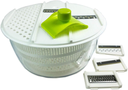 Salad Spinner and Mandoline Multifunctional Set, Vegetable Dryer With 6 Blades and Pouring Spout - 4L (2PK)