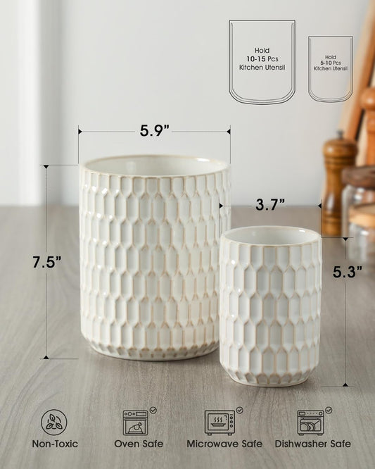 Utensil Holder Set of 2, Large & Small Ceramic Crocks for Kitchen | Countertop, Farmhouse Kitchen Decor, Thick Durable Utensil Crock Organizer, Beige