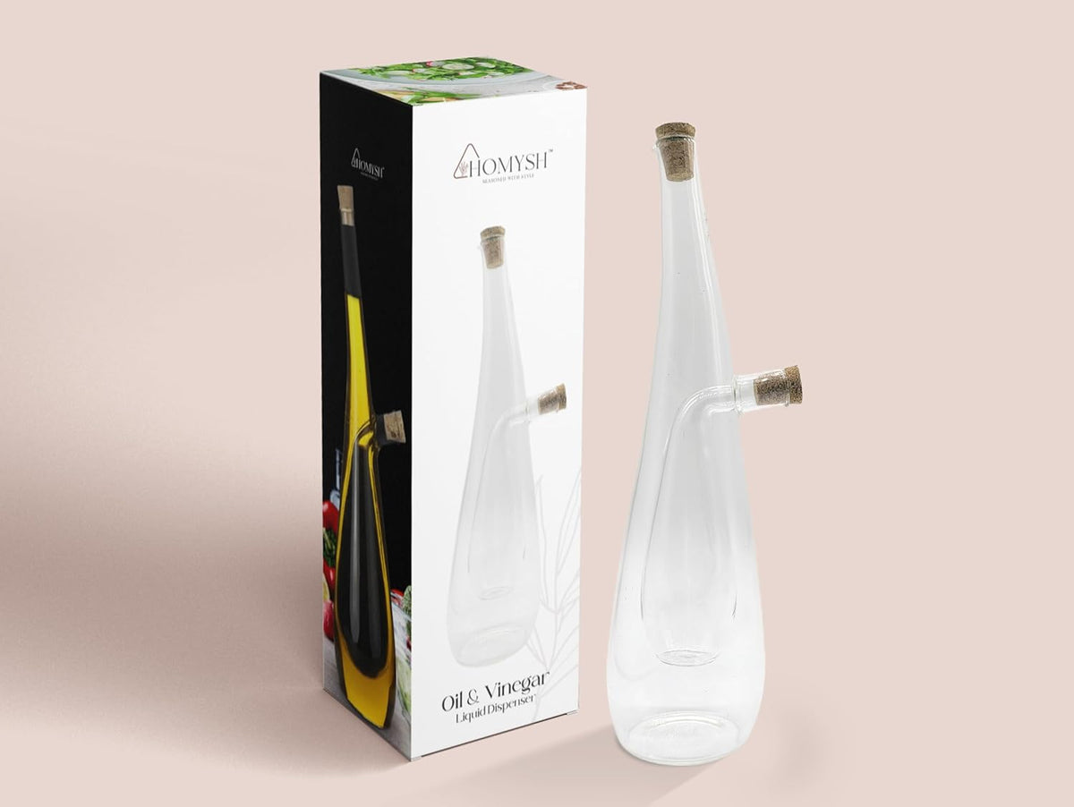 Oil and Vinegar Dispenser Bottle 2-in-1, Glass Cruet Set for Kitchen, Dual-Chamber Olive Oil & Vinegar Dispenser, Cork Stoppers, Funnel & Brush Included, 13 oz, Clear