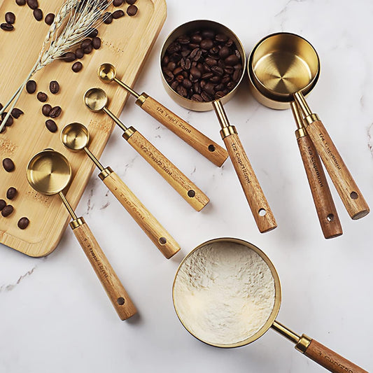 Measuring Cups and Spoons Set of 8, Stainless Steel Gold Measuring Cups Kit with Wooden Handle, Kitchen Cooking Baking Spoons Tool Set for Solid and Liquid Iingredients