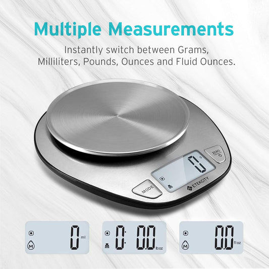 11lb/5kg Stainless Steel Digital Kitchen Food Scales, with Liquid Volume Measurement Function, Auto Zero/Tare and Large Backlight LCD Display, Silver