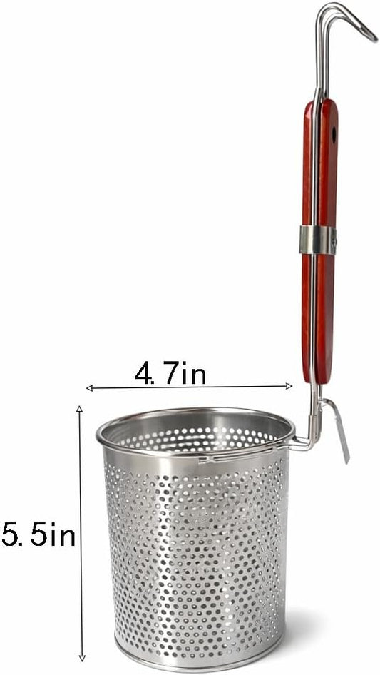 Mesh Pasta Basket Food Strainer Insert For Pot, Colander with Round Wooden Handle Stainless Steel Mesh Spider Strainer for Pasta Noodles Dumpling Vegetable