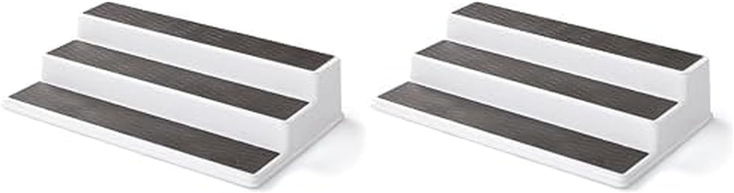 Copco Non-Skid 3-Tier Spice Rack Organizer for Cabinet - 10 Inch Kitchen Pantry Organizer with Raised Rims, White and Gray Step Shelf for Spices, Cans, Jars - Easy Clean Storage Solution