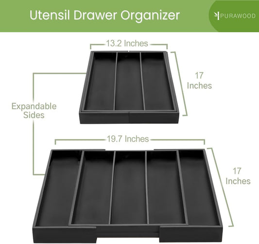 Purawood Bamboo Drawer Organizer - Expandable Silverware Organizer & Utensil Drawer Organizer, Cutlery Tray with Dividers, 7-9 Slots- Kitchen Organizer for Utensils & Flatware (Natural)