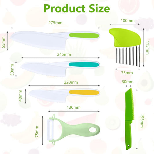 HOTUT Montessori Kitchen Tools,6Pieces Knives for Kids Nylon Kids Safe Cooking Knives Serrated Edges,Y Peeler For Cooking and Cutting Fruit,Suitable for Children and Beginners