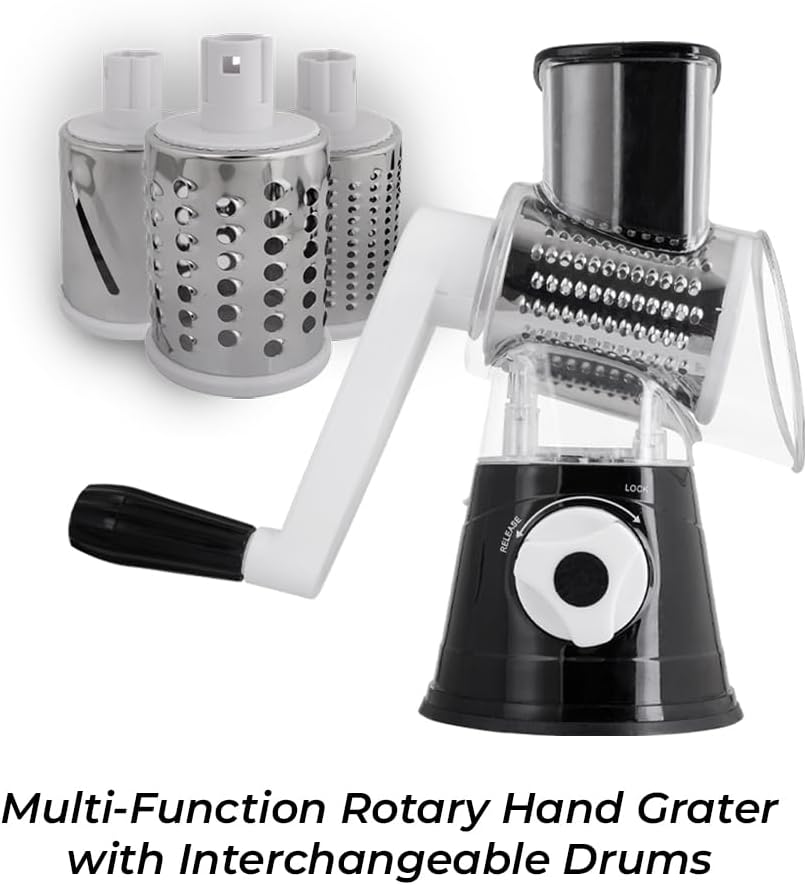 Rotary Cheese Grater, Manual Hand Crank Cheese Shredder with 3 Stainless Steel Drum Blades, Vegetable Slicer for Potato Nuts Chocolate, Easy Clean Kitchen Grater, Compact Black Design