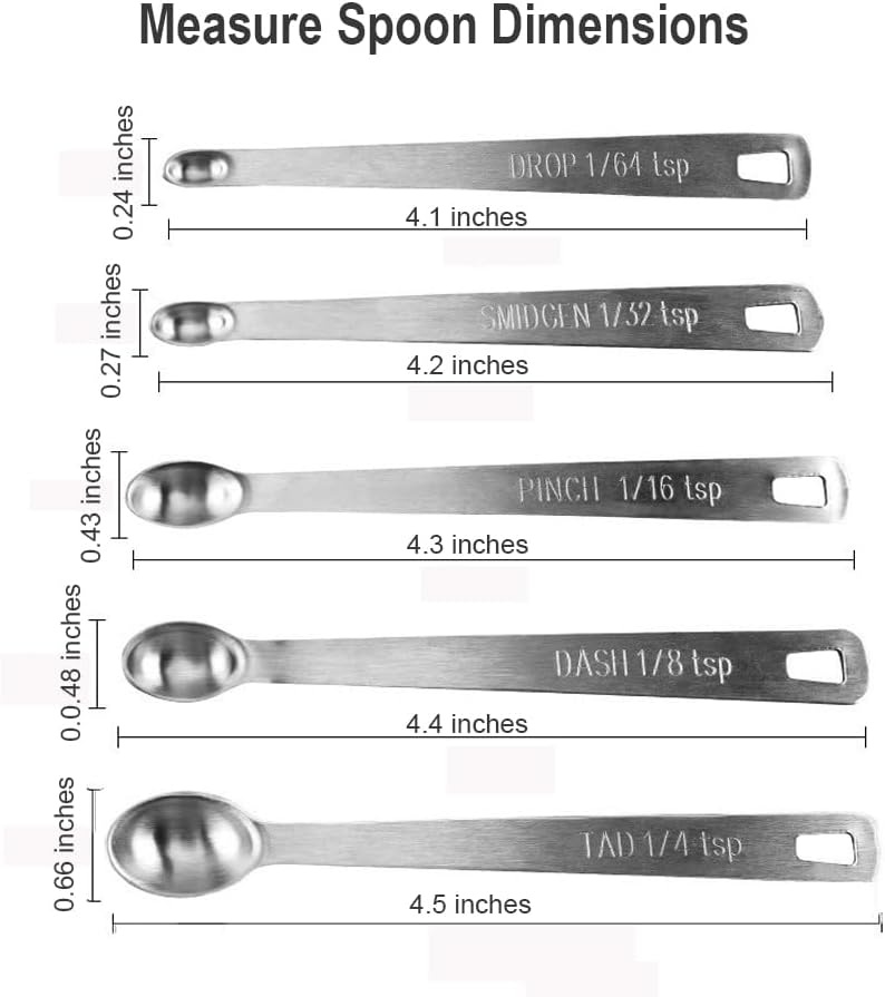 Measuring Spoons Set, Includes 1/4 tsp, 1/8 tsp, 1/16 tsp, 1/32 tsp, 1/64 tsp, Tablespoon and Teaspoon for Measure Liquid and Dry Ingredients, Food Grade Stainless Steel measuring Cups (5)