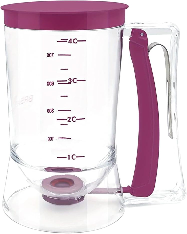 Pancake Batter Dispenser, Kitchen Must Have Tool for Perfect Pancakes, Cupcake, Waffle, Cake & Crepe, Batter Separator Maker with Measuring Label, milk dispenser and butter dispenser (Purple)