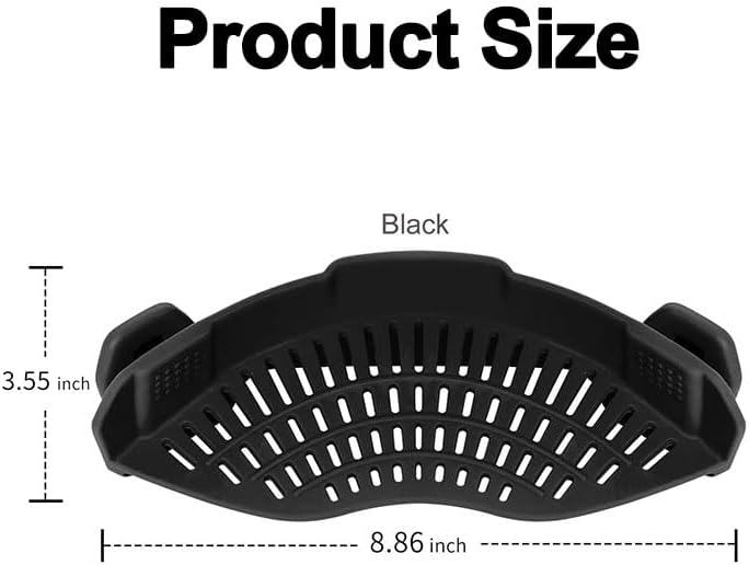 Clip On Strainer Silicone for all Pots and Pans, Silicone Strainer for Pasta and Food Colander for Meat Vegetables Fruit Silicone Kitchen Colander-Black