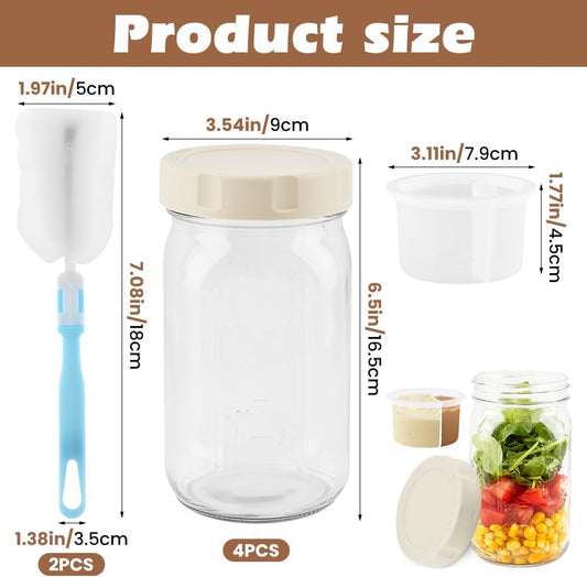 4 Pack Glass Salad Jars with Lids Meal Prep, 32oz Leakproof Mason Jar Salad Container for Lunch With 2pcs Brushes, Two Small Separate Compartments for Dressing and Dry Ingredients