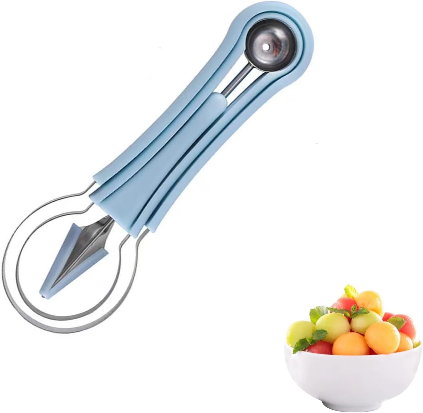 Melon Baller Scoop, 3-in-1 Fruit Cutters, Double Sided Watermelon Cutter Slicer Tool (Blue)