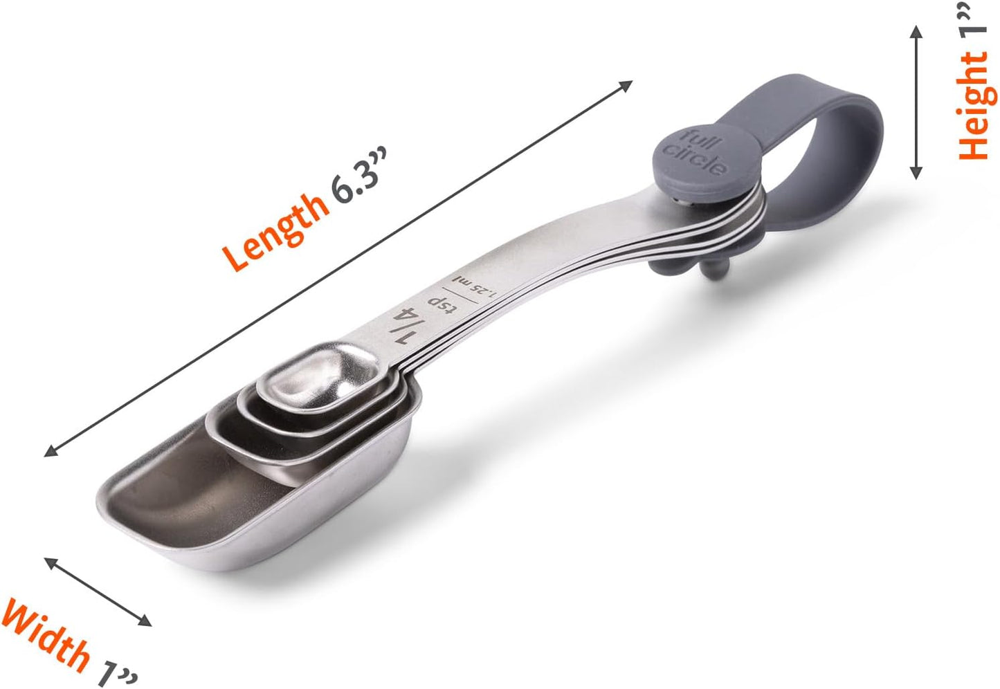 Full Circle Level Up Precision Stainless Steel Measuring Spoons, 4-Piece Set - 1/4 tsp, 1/2 tsp, 1 tsp, and 1 Tbsp - Perfect for Spice Jars - Dishwasher Safe