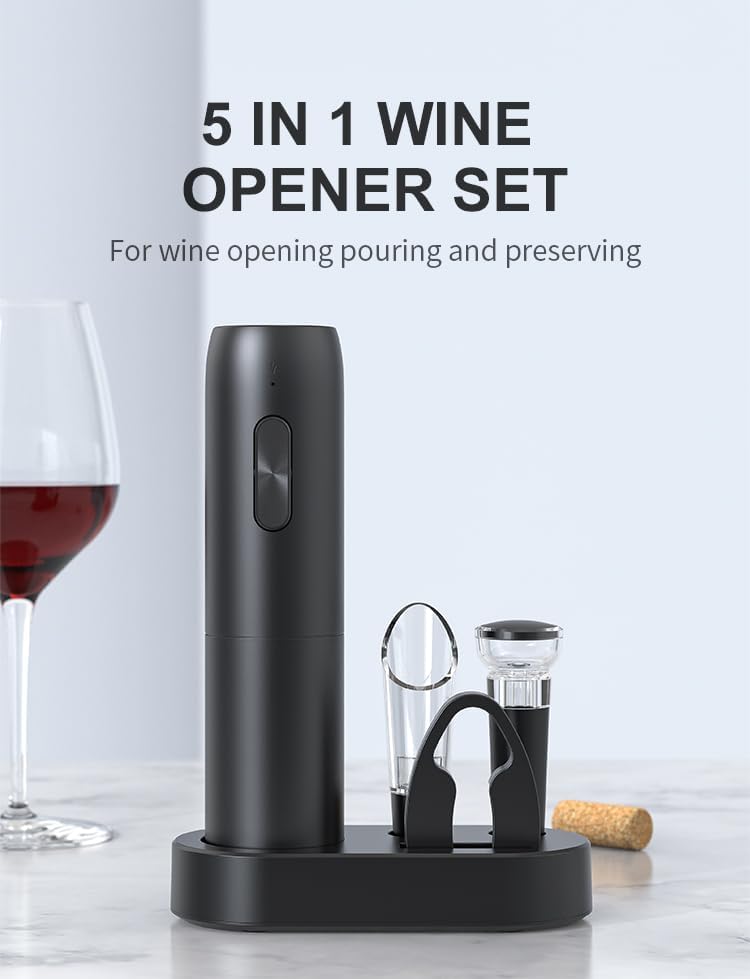 VGY Electric Wine Opener Set, 5 in 1 Rechargeable Automatic Electric Corkscrew with Charging Base, Foil Cutter, Wine Pourer & Vacuum Stopper, Electric Wine Bottle Opener for Home Bar & Wine Lovers