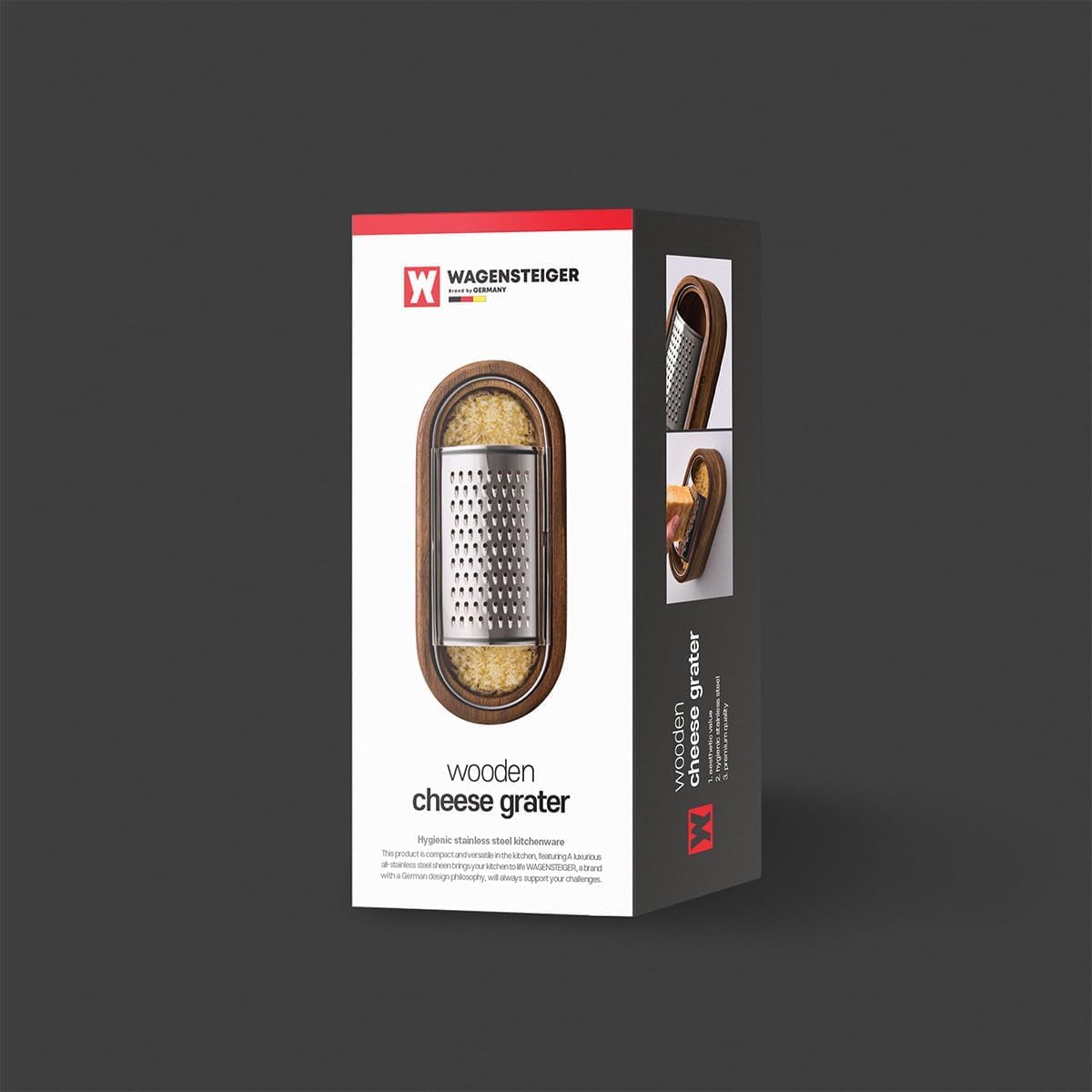 Wagensteiger Removable SUS304 Stainless Steel Cheese Grater with Wooden Container, Wooden Shredder, Citrus Zester, Perfect for Presenting Freshly Grated Cheese or Zest