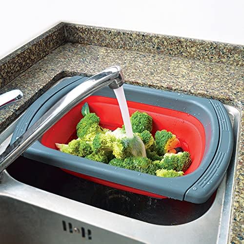 6 Quart Collapsible Colander Strainer Over the Sink, Extendable Handles Kitchen Vegetable Fruit Pasta Strainer Basket, Space-Saving Silicone Food Grade, Dishwasher Safe (Blue)