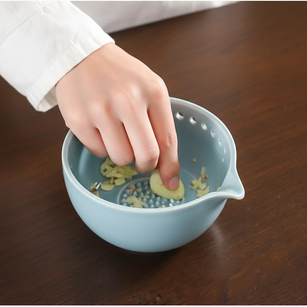Lacfinsien Herb Stripper Bowl and Garlic-Onion-Ginger Grater, Pottery Herb Stripper, Food Prep & Dip Bowl