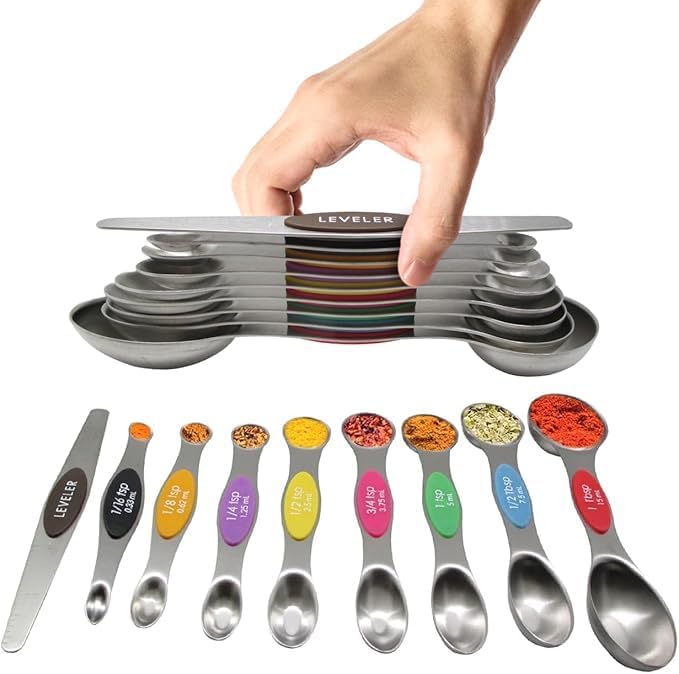 Gold Magnetic Measuring Spoons Set of 8 – Stainless Steel Stackable Dual-Sided Spoons with Leveler, Fits Spice Jars, Baking & Cooking Kitchen Tools