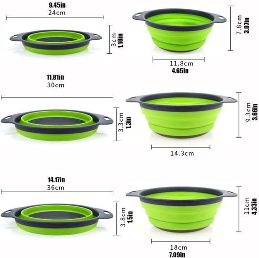 Collapsible Colander Set of 3 Square Silicone Kitchen Strainer Set 1 pcs 9.6 Quart, 1 pcs 6 Quart,1 pcs 4 Quart Perfect for Draining Pasta, Vegetable and fruit for Kitchen and Travel Use