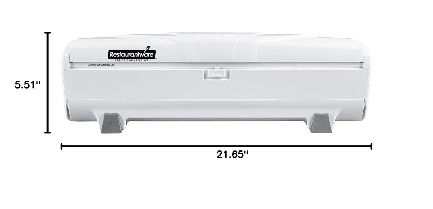 Restaurantware-RW Base Food Wrap Dispenser with Cutter, 1 Refillable Cling Wrap Dispenser - Fits 12” to 18” x 1000’ Rolls, Press Down and Cut, White Plastic Aluminum Foil, Sharp Blade