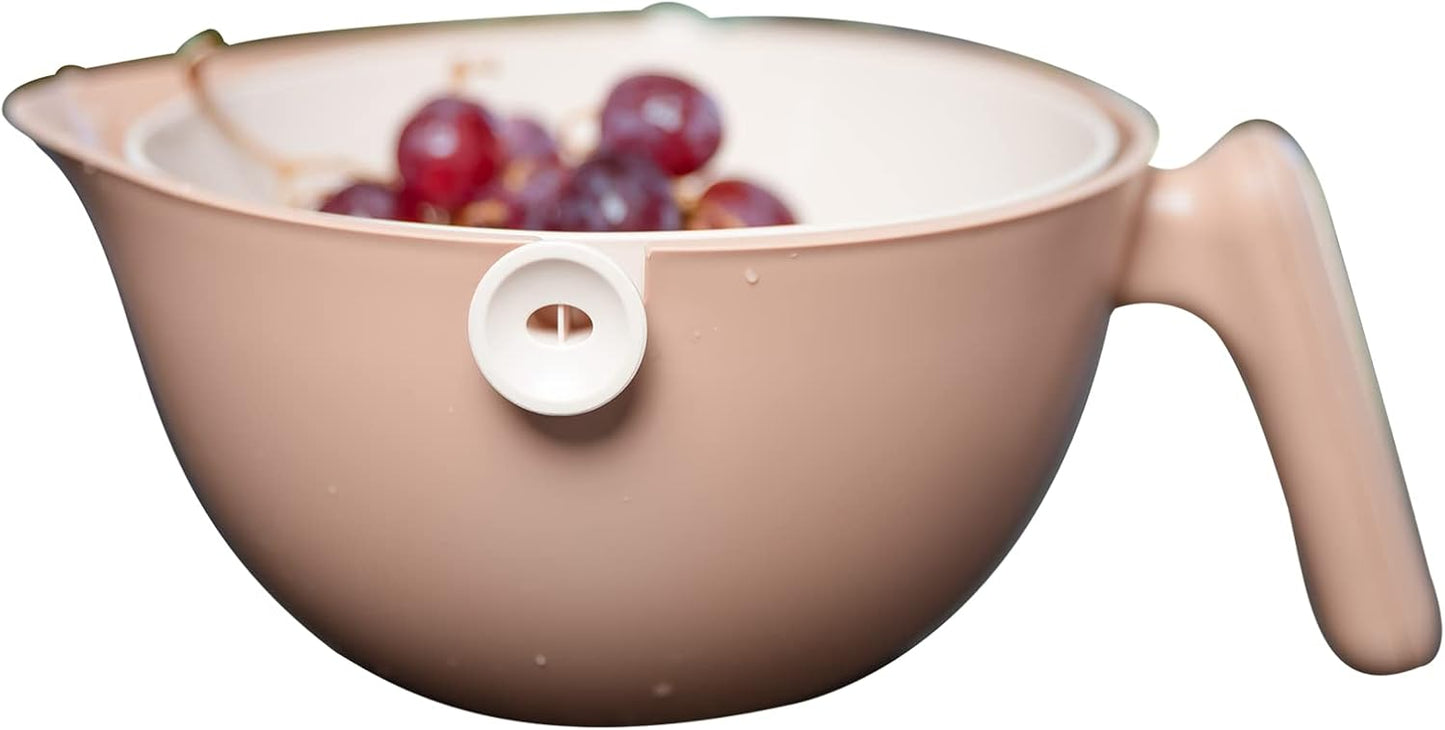 2-in-1 Washing Bowl & Rotating Food Strainer - Dual Layer Colander With Handle For Draining Pasta, Fruits, Vegetables - Food-Safe Plastic Basket (Brown)