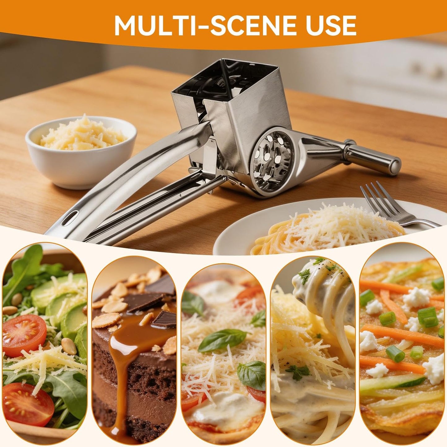 Stainless Steel Single Drum Rotary Cheese Grater, Multipurpose Rotary Cheese Grater with 3 Different Rotatable Drums for Parmesan, Mozzerella, Vegetables and More