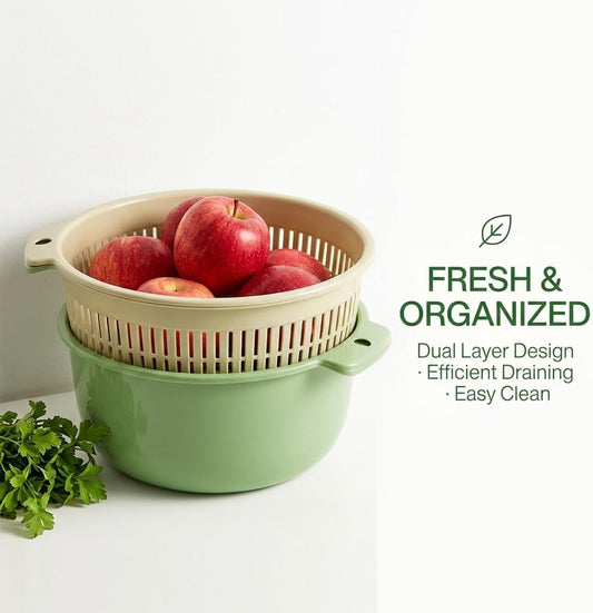Fruits Vegetables Washing Basket, Double Layer Drain Basket Set for Kitchen Strainer Colander Bowl Cleaning Washing Mixing for Food Fruit Vegetables Pasta Spaghetti(Green)